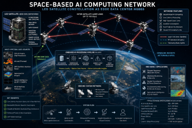 Detailed technical diagram illustrating a space-based AI computing network with low Earth orbit LEO satellite constellations acting as edge data center nodes, utilizing high-speed inter-satellite laser communication links to process multi-spectral telemetry data locally before downlinking actionable insights to terrestrial ground stations.