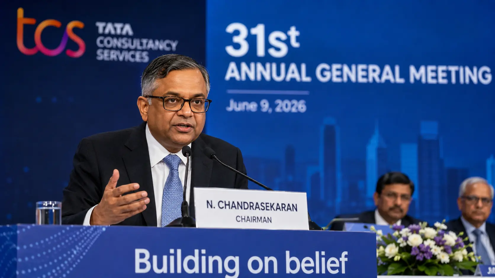 create image for N. Chandrasekaran addressing shareholders at the TCS 31st Annual General Meeting on June 9, 2026.
