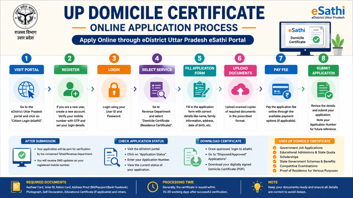 Infographic outlining the step-by-step online application flow for a UP Domicile Certificate via the eDistrict Uttar Pradesh eSathi portal.