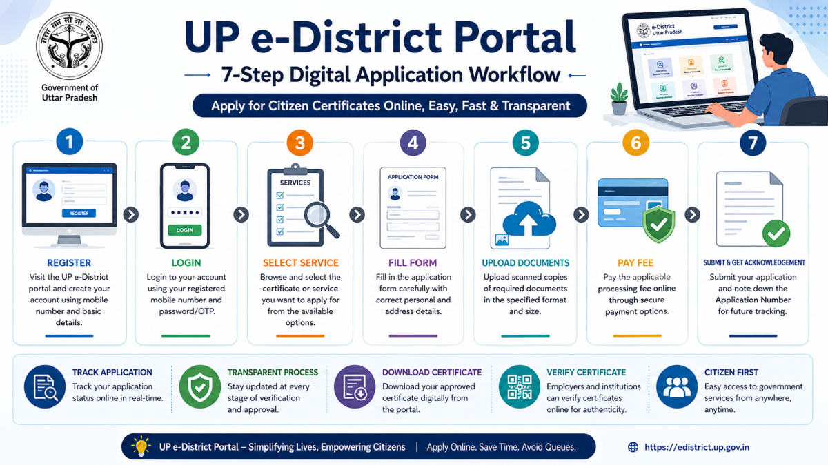 Infographic displaying the 7-step digital application workflow on the UP e-District portal for citizen certificates.