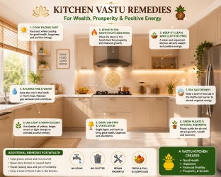 Bright and organized modern kitchen with warm beige cabinets illustrating kitchen Vastu remedies for wealth and positive energy.