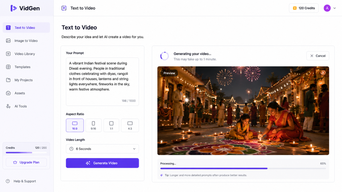 A clean user interface showcasing text-to-video generation processing a prompt for an authentic Indian festival setting.