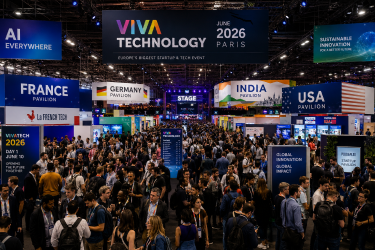 Crowded exhibition halls at the Paris Expo Porte de Versailles venue during the opening day of Viva Technology VivaTech 2026, showcasing global technology booths and international startup pavilions.