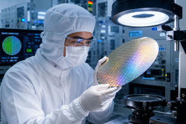 A technician wearing a white cleanroom suit inspects a silicon wafer under specialized lighting conditions during the front-end semiconductor fabrication process.