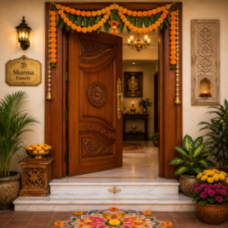A beautifully carved wooden main door opening inward with a brass nameplate, fresh marigold toran, and an elevated marble threshold to attract positive energy into a new home.