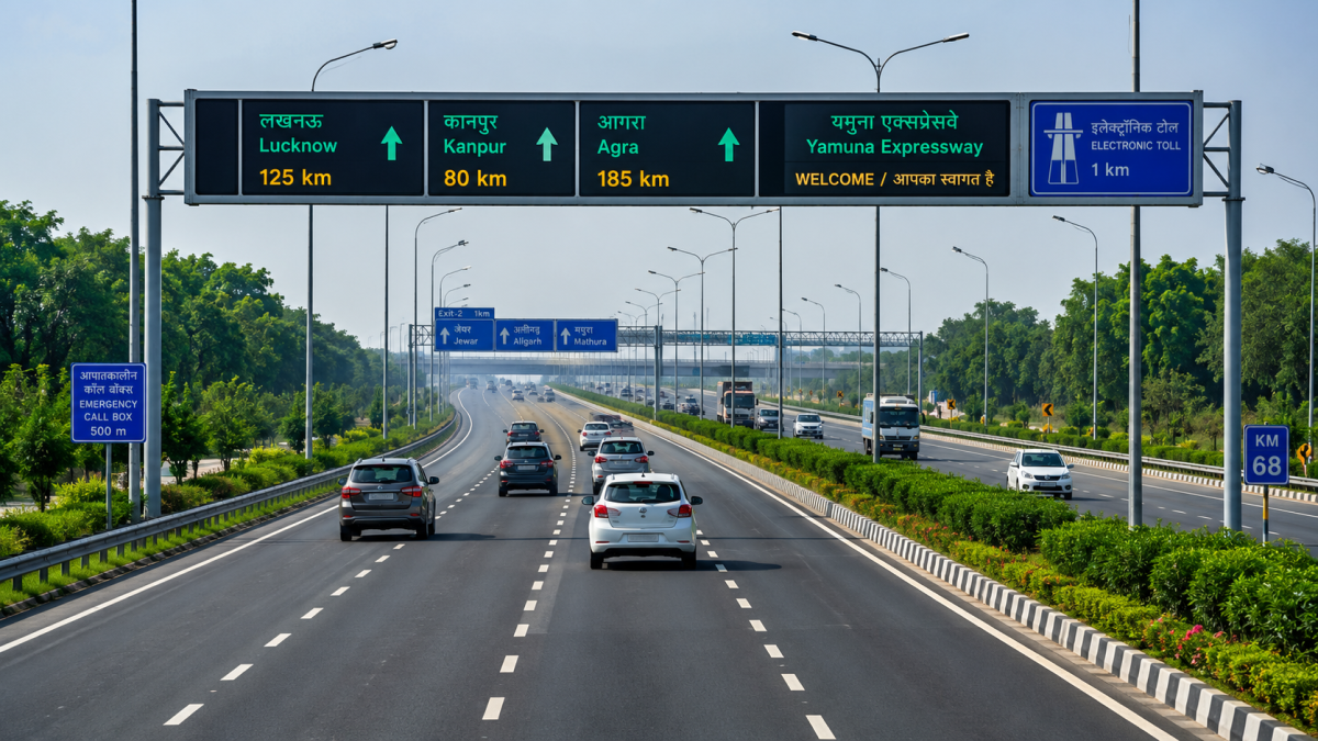 Multi-lane modern expressway in Uttar Pradesh with clear road markings, digital overhead signage, and green belts, demonstrating India's high-speed highway connectivity network.