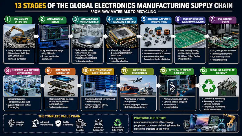 Infographic showing the 13 sequential stages of the global electronics manufacturing supply chain, mapping the workflow from raw material extraction to semiconductor fabrication, PCB assembly, OEM integration, and electronic recycling.
