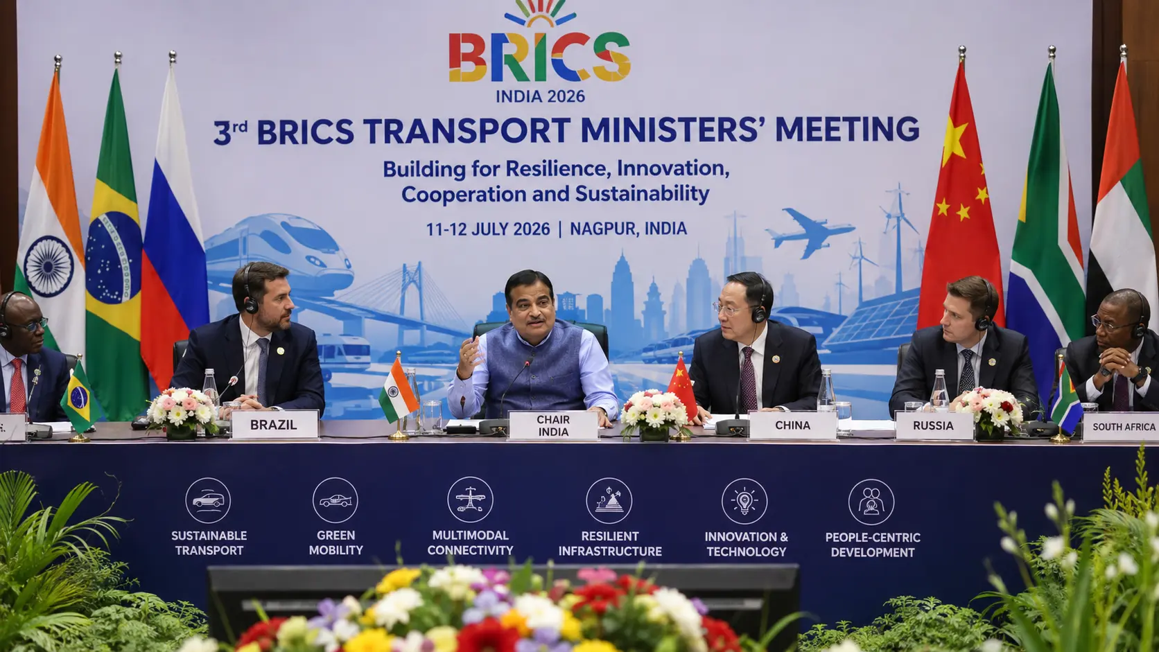 Union Minister Nitin Gadkari chairing the 3rd BRICS Transport Ministers Meeting in Nagpur India, flanked by international delegates, discussing sustainable transport infrastructure.