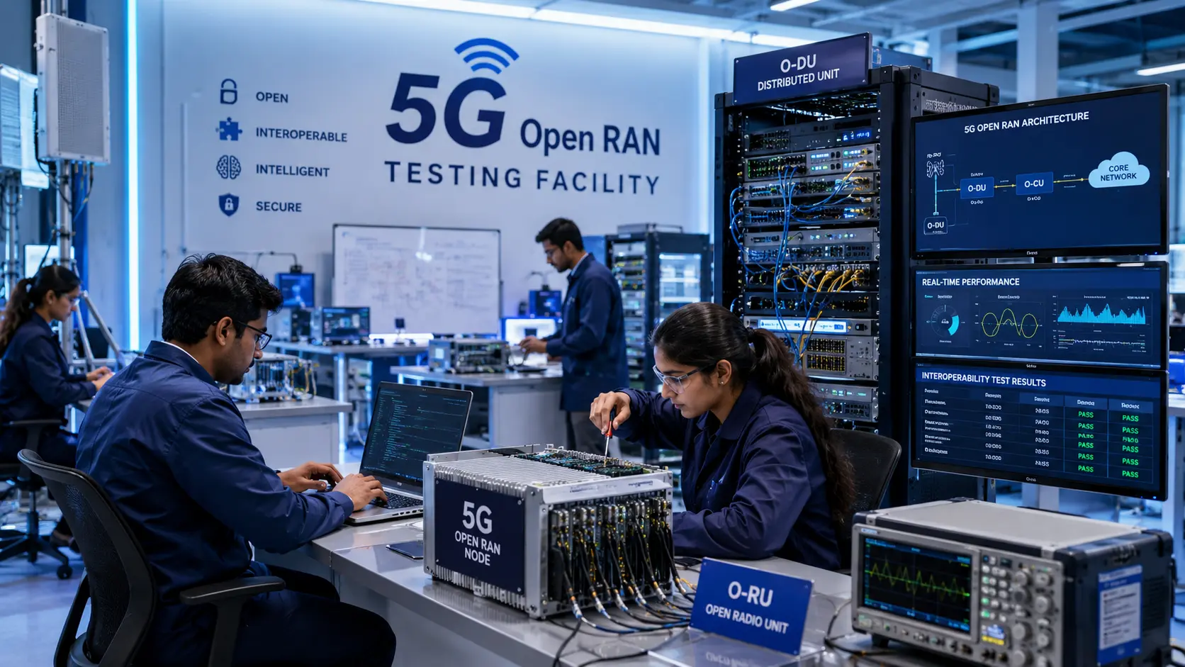 A high-tech laboratory environment showing engineers working on telecom equipment at the 5G Open RAN testing facility.