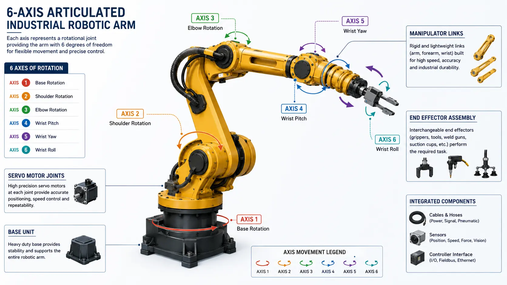 Labeled 6-axis articulated industrial robotic arm diagram showing axes of rotation, manipulator links, servo motor joints, and end effector assembly.