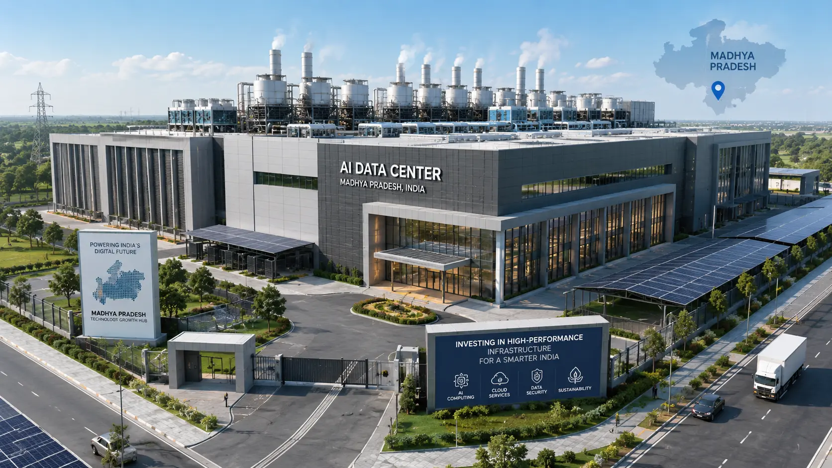 Architectural model of a modern, massive data center building with advanced cooling stacks and solar panels, representing high-performance technology investments in Madhya Pradesh, India.