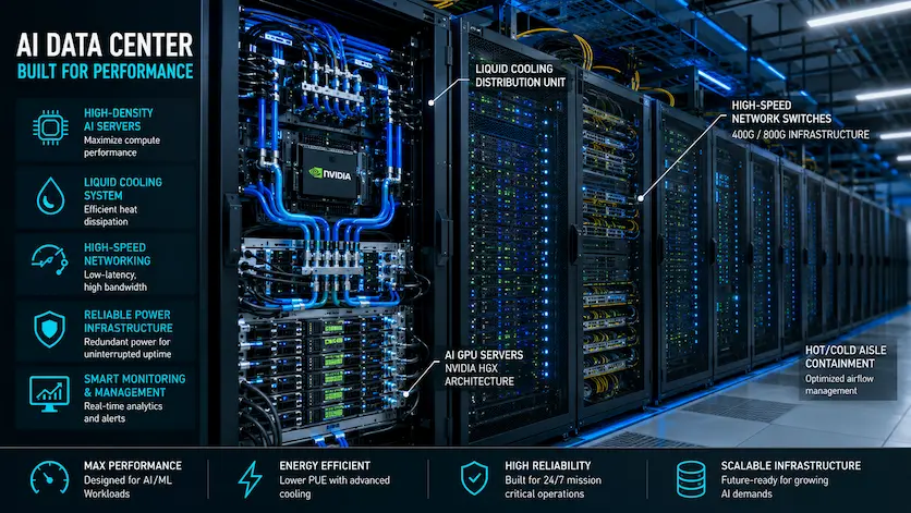 Modern high-density AI data center server racks featuring advanced liquid cooling systems and high-speed networking switches.