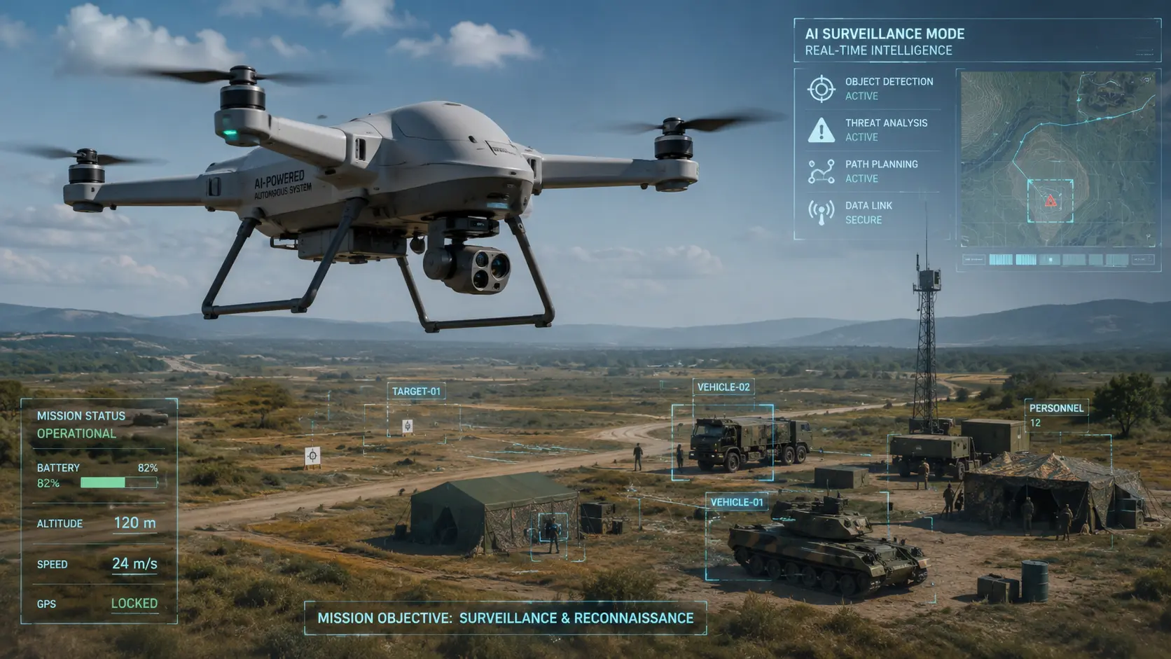 Autonomous defense drone powered by AI conducting surveillance over an open military testing field.