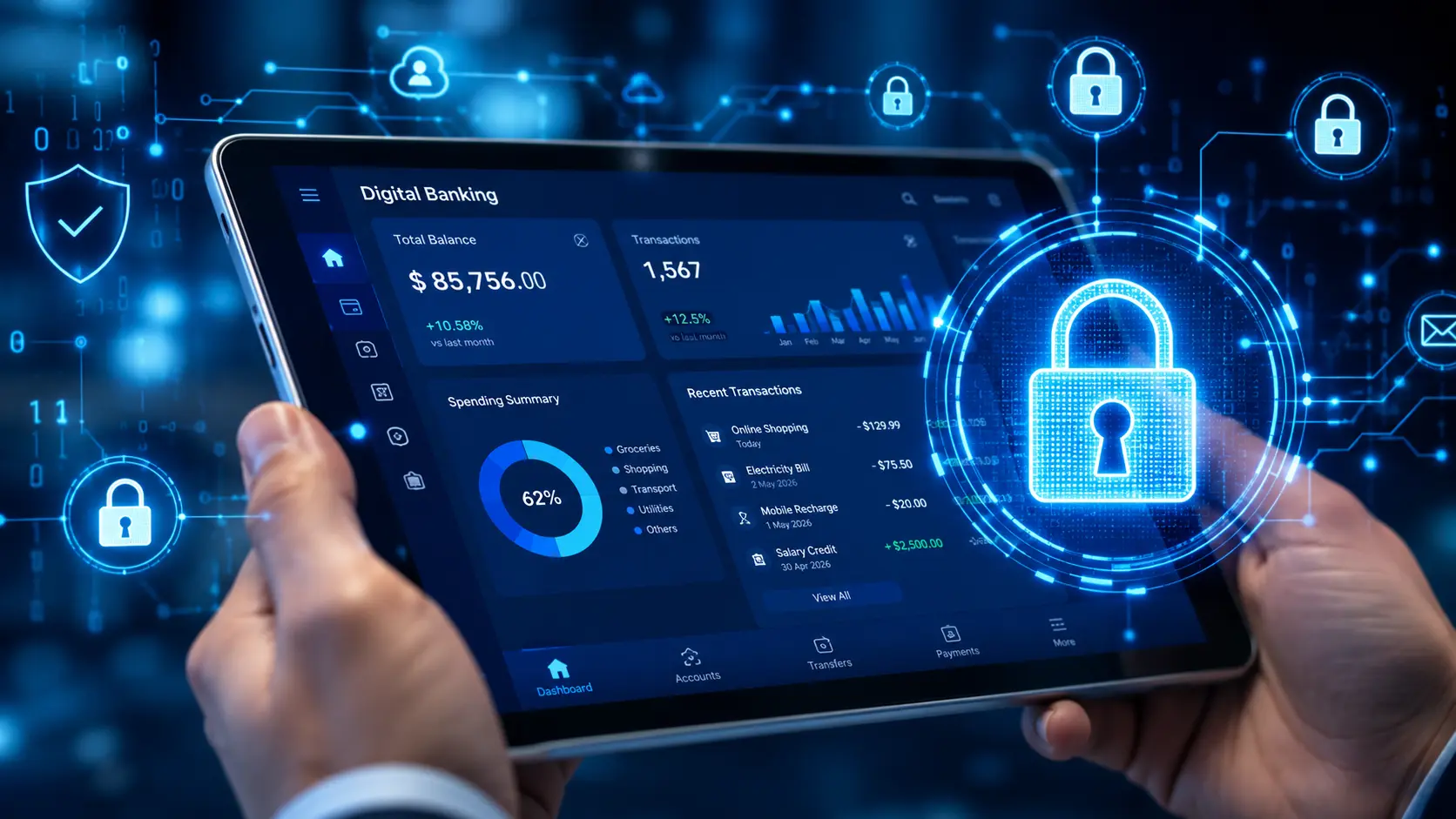 Close-up view of a tablet displaying digital banking metrics overlaid with blue glowing cybersecurity locks, circuit nodes, and data protection icons.