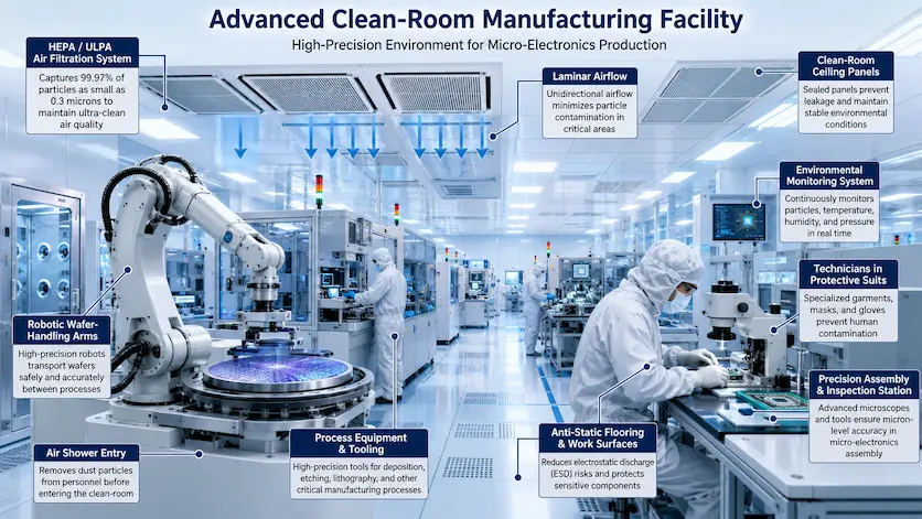 Labeled diagram of an advanced clean-room manufacturing facility showing HEPA air filtration systems, robotic wafer-handling arms, and technicians in protective suits assembling micro-electronics.
