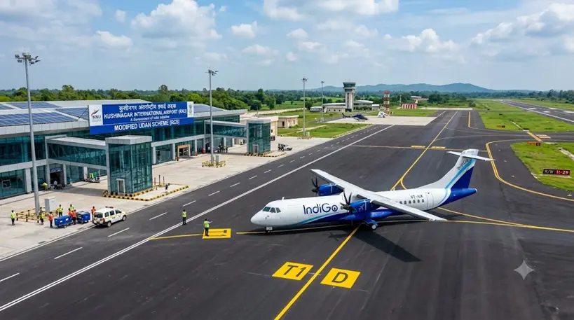 A commercial regional passenger aircraft taxiing on a newly constructed tarmac at a modernized Indian airport, illustrating infrastructure development under the Modified UDAN Scheme.