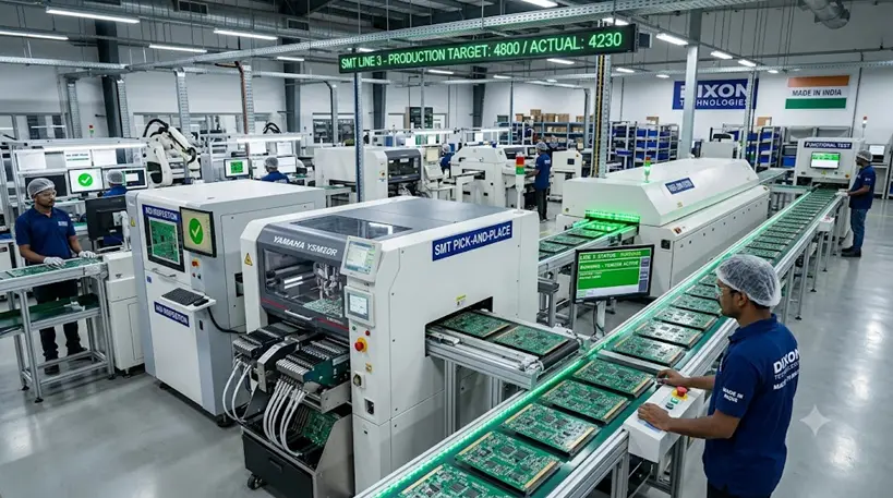 Automated Surface Mount Technology (SMT) line assembling multi-layer printed circuit boards inside a modern high-tech Indian EMS manufacturing facility.