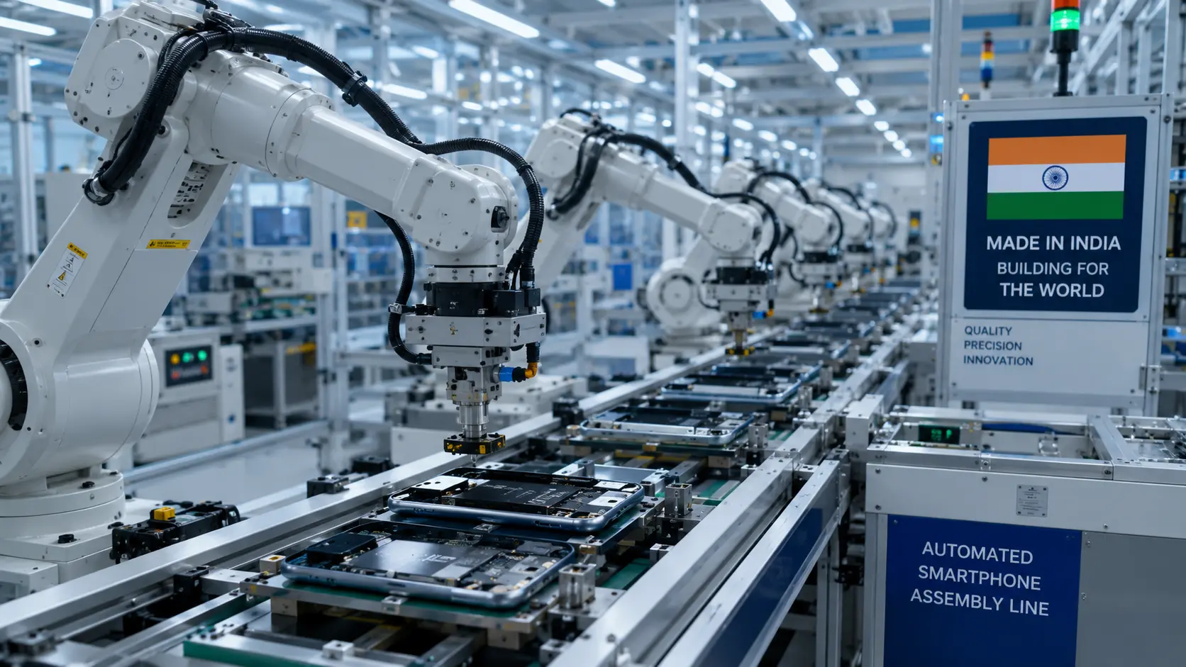 Automated smartphone assembly line within an Indian contract manufacturing facility showing precision robotic arms.