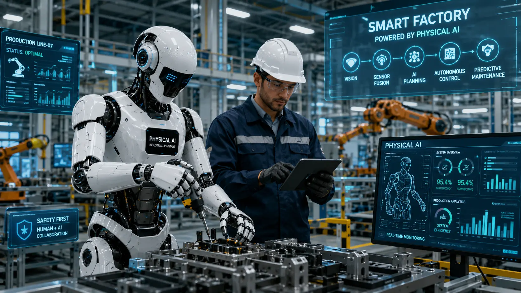 Industrial humanoid robot operating alongside a human worker inside an automated smart factory powered by Physical AI.