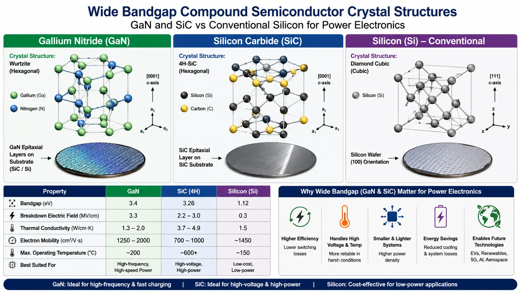 Labeled diagram comparing Wide Bandgap compound semiconductor crystal structures of Gallium Nitride and Silicon Carbide against conventional Silicon wafers for power electronics.