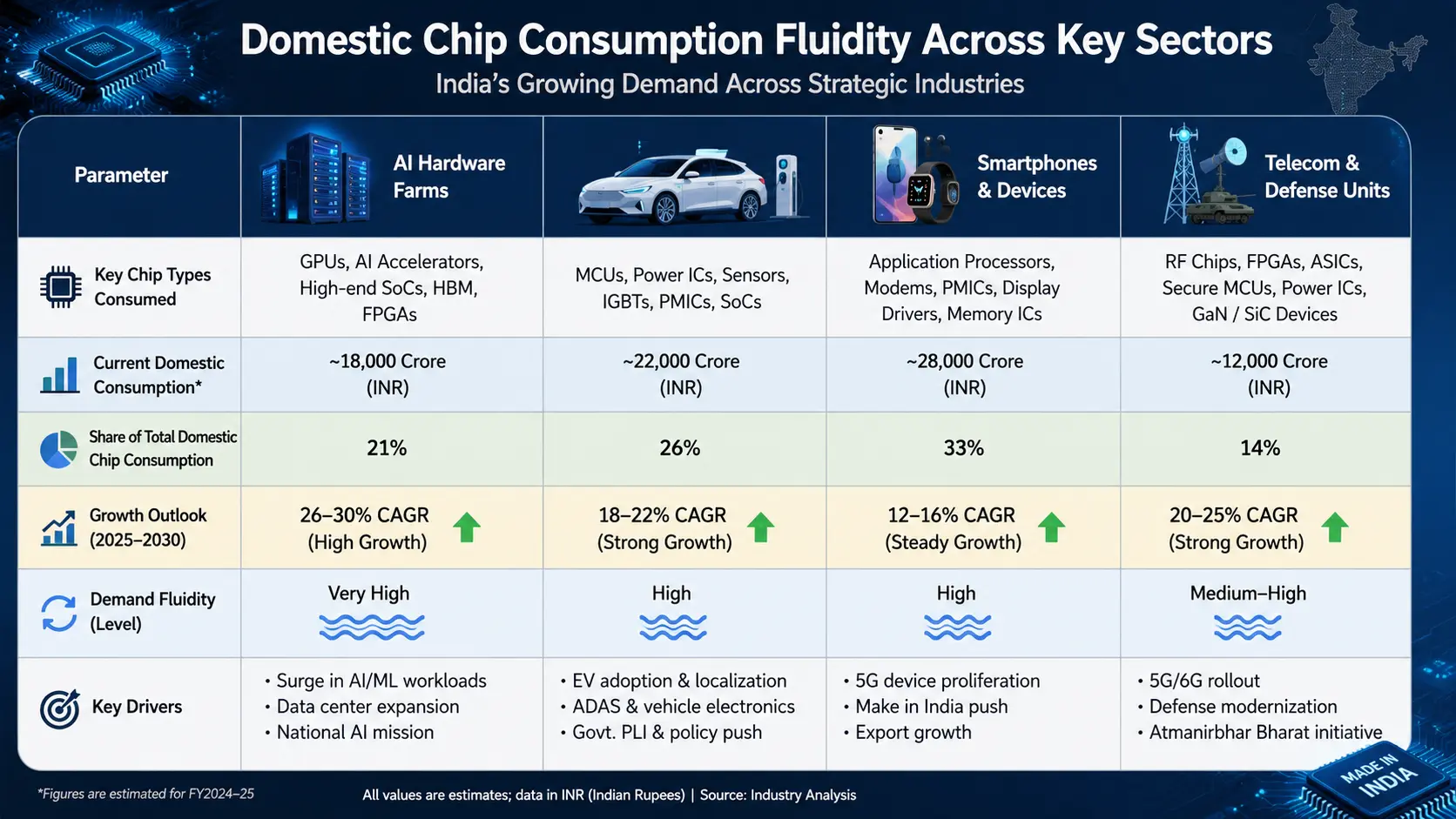 A table displaying domestic chip consumption fluidity across four key sectors: AI Hardware Farms, Automotive Systems & EVs, Smartphones & Devices, and Telecom & Defense Units.