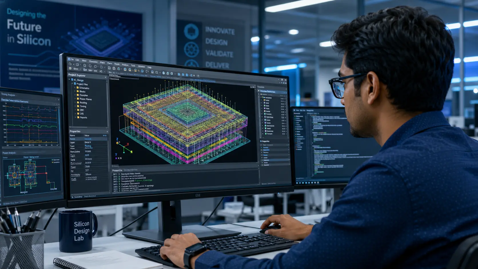 An engineer reviewing a complex 3D integrated circuit design layout on a high-resolution workstation monitor in a chip design lab.