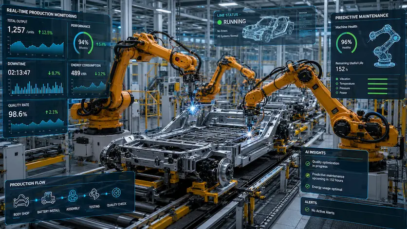 A sleek, modern smart factory floor showing automated robotic arms assembling an electric vehicle chassis with overlay digital data graphics illustrating real-time machine analytics.