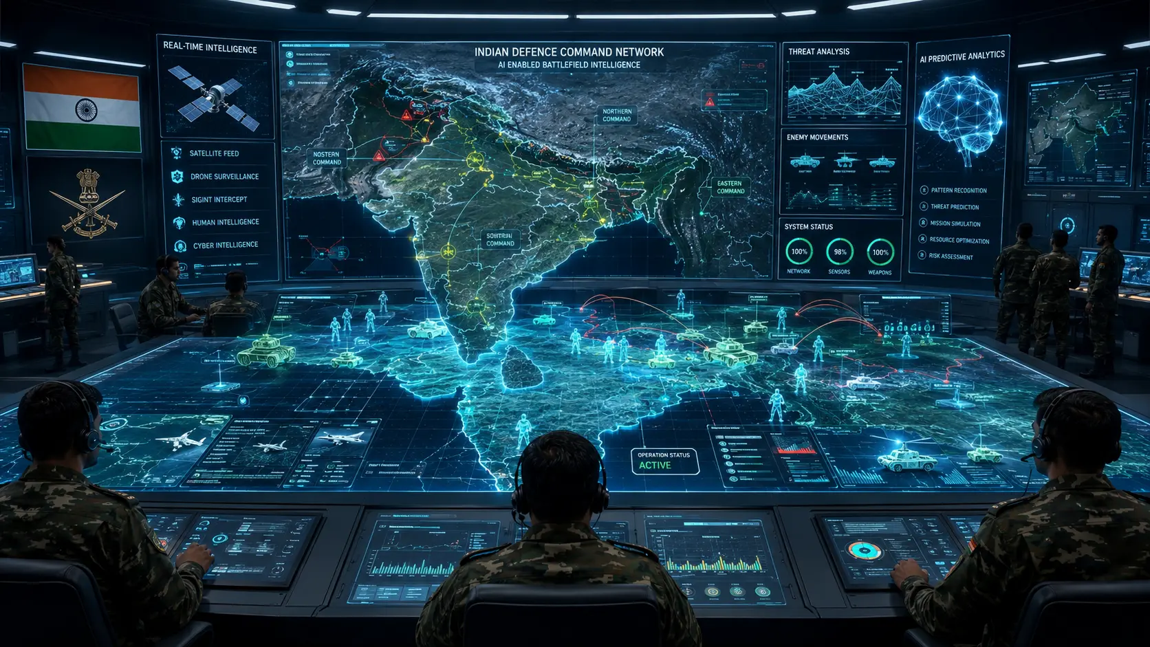 A futuristic military command center showing digital maps with holographic AI data overlays, tracking simulated troop movements and real-time battlefield intelligence for Indian military strategy.