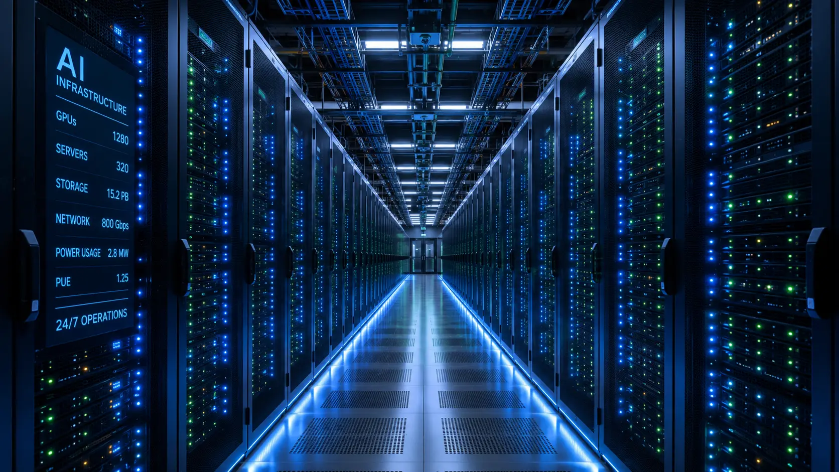 A high-tech, modern hyperscale data centre corridor featuring rows of server racks illuminated by blue and green LED status lights, highlighting the massive physical infrastructure driving modern AI computation