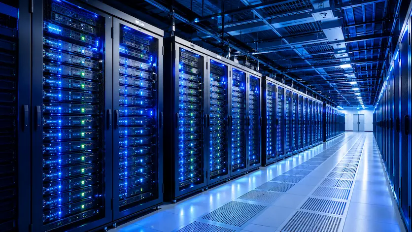 Rows of modern hyperscale data center server racks illuminated with blue LED lights inside a climate-controlled facility.