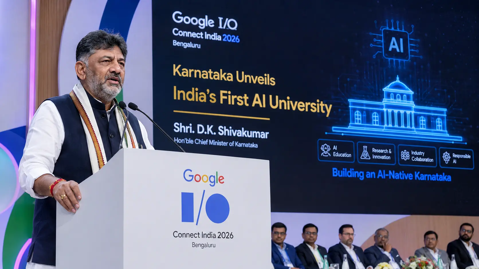 Karnataka Chief Minister D.K. Shivakumar addressing global developers at the Google I/O Connect India 2026 event in Bengaluru, announcing the AI University.