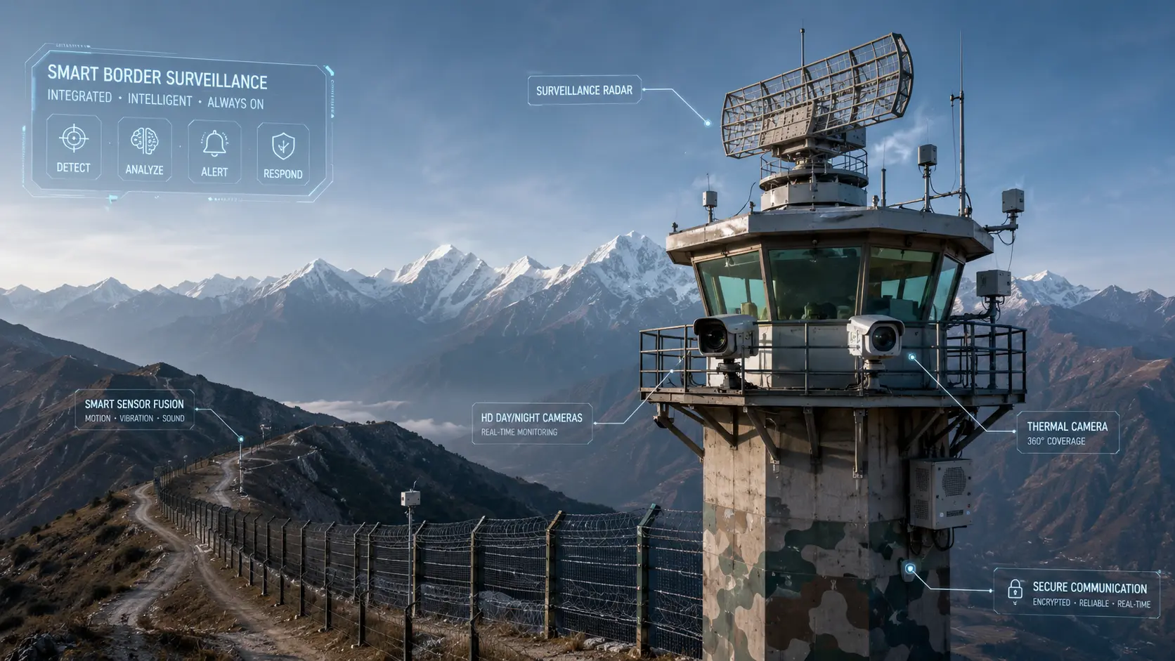 High-tech border surveillance tower with thermal cameras and radar array overlooking a mountain perimeter.