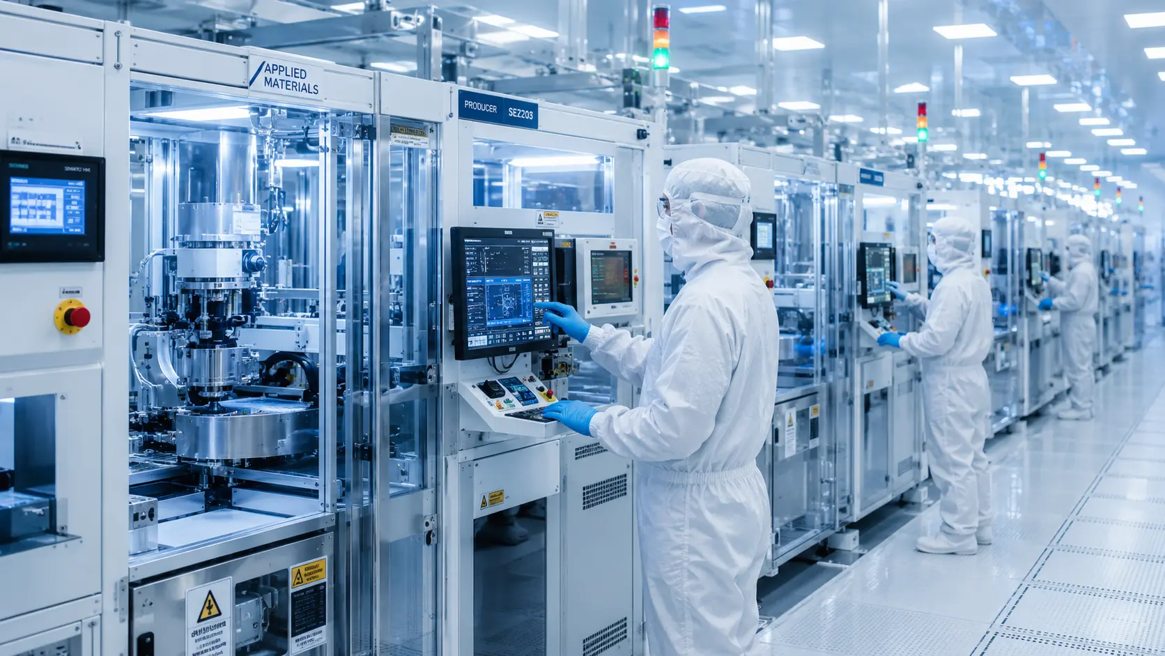 Technicians in cleanroom suits managing automated semiconductor fabrication equipment inside a high-tech electronics manufacturing plant.