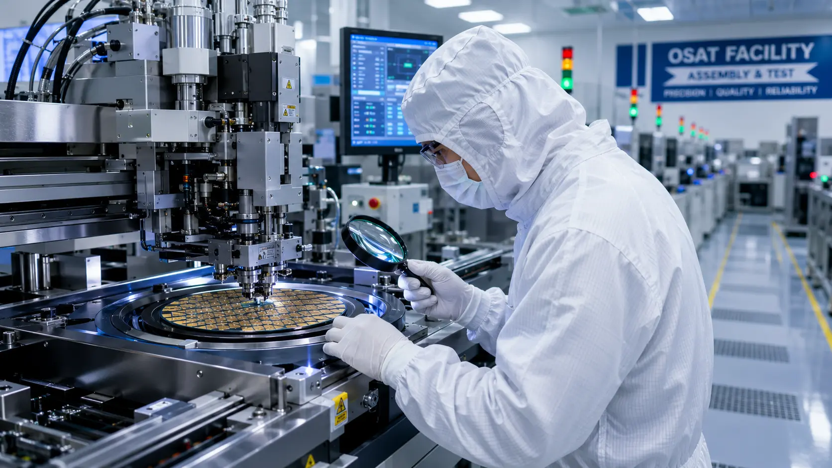 Cleanroom technician in protective white suit inspecting semiconductor wafer packaging equipment inside a high-tech OSAT facility.