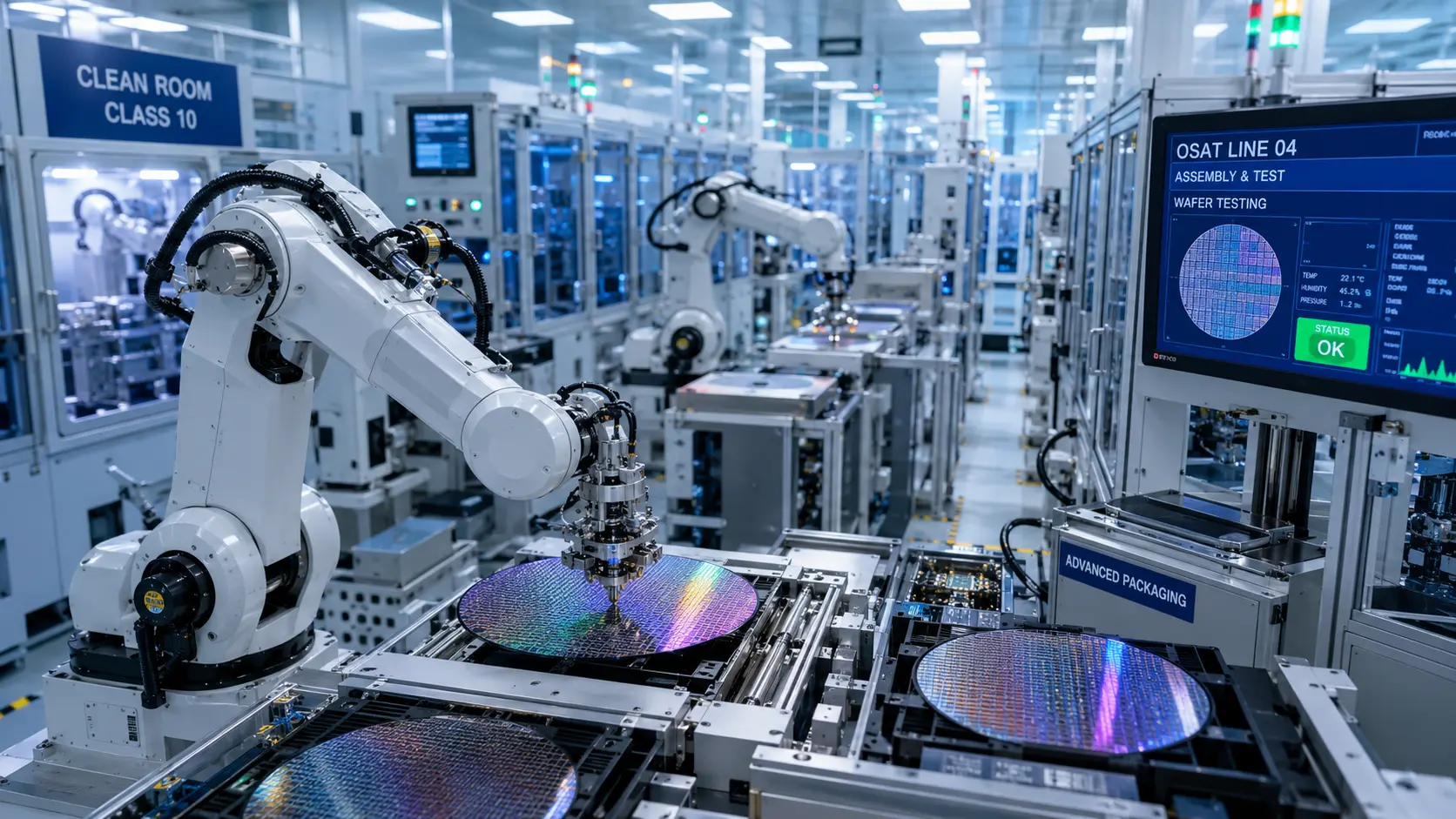 Industrial view of an advanced semiconductor clean room showing robotic arms handling silicon wafers for testing and packaging inside a modern OSAT facility.