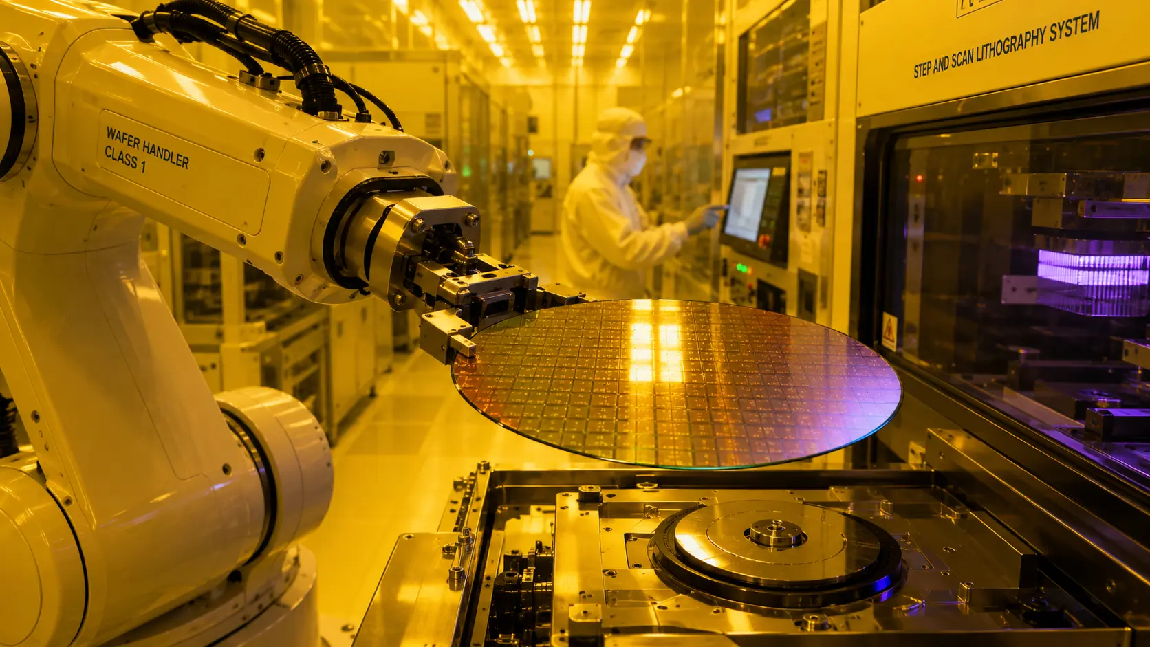 A high-tech cleanroom facility displaying an automated robotic arm handling an ultra-pure 300mm silicon wafer under soft yellow lithography lighting.