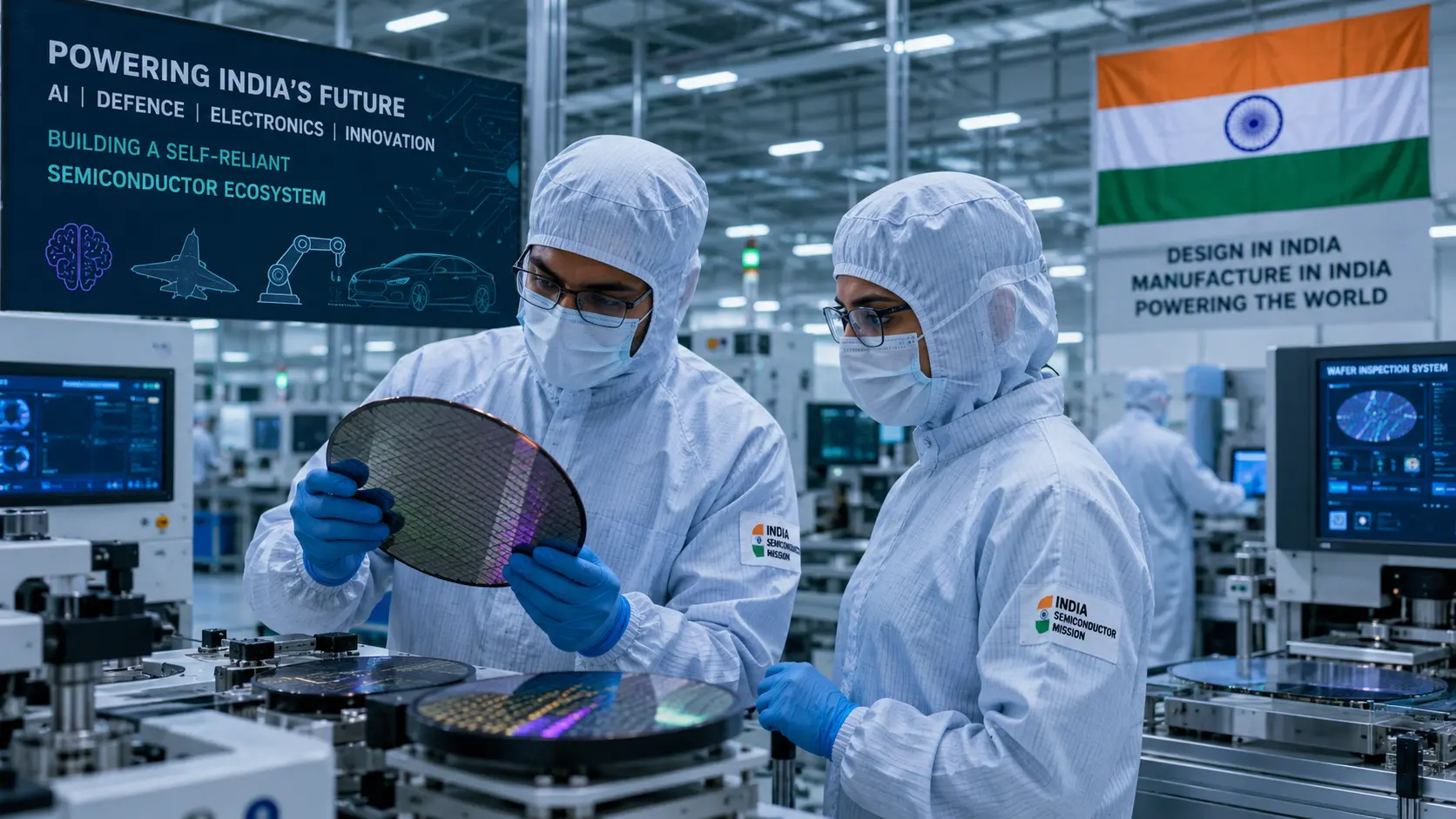Engineers wearing cleanroom suits inspecting advanced silicon wafers inside a state-of-the-art semiconductor fabrication facility in India, representing the country's growing AI, defence, electronics manufacturing and semiconductor ecosystem.
