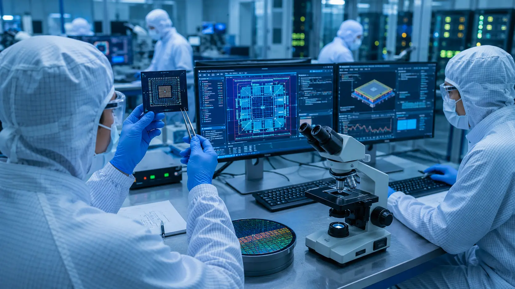 Engineers working on an advanced semiconductor microchip architecture inside a cleanroom lab environment.