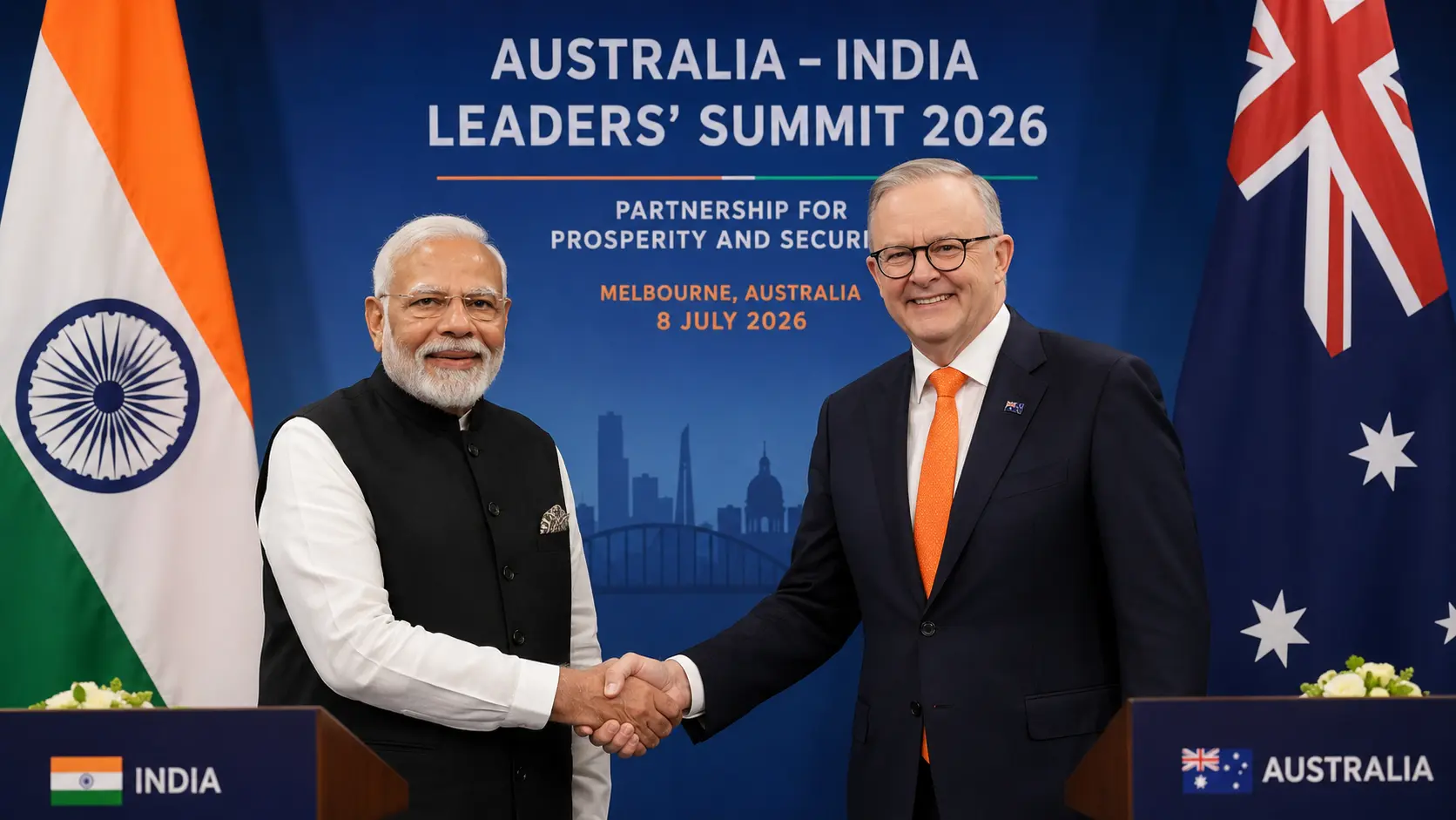 Prime Minister Narendra Modi and Australian Prime Minister Anthony Albanese shaking hands at the Australia-India Leaders Summit 2026 against official diplomatic backdrops.