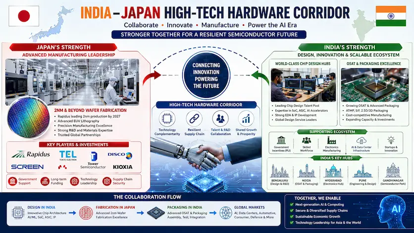 Infographic charting the India-Japan high-tech hardware corridor, showing Japan's advanced 2nm wafer fabrication interlocking with India's chip design hubs and OSAT packaging facilities.