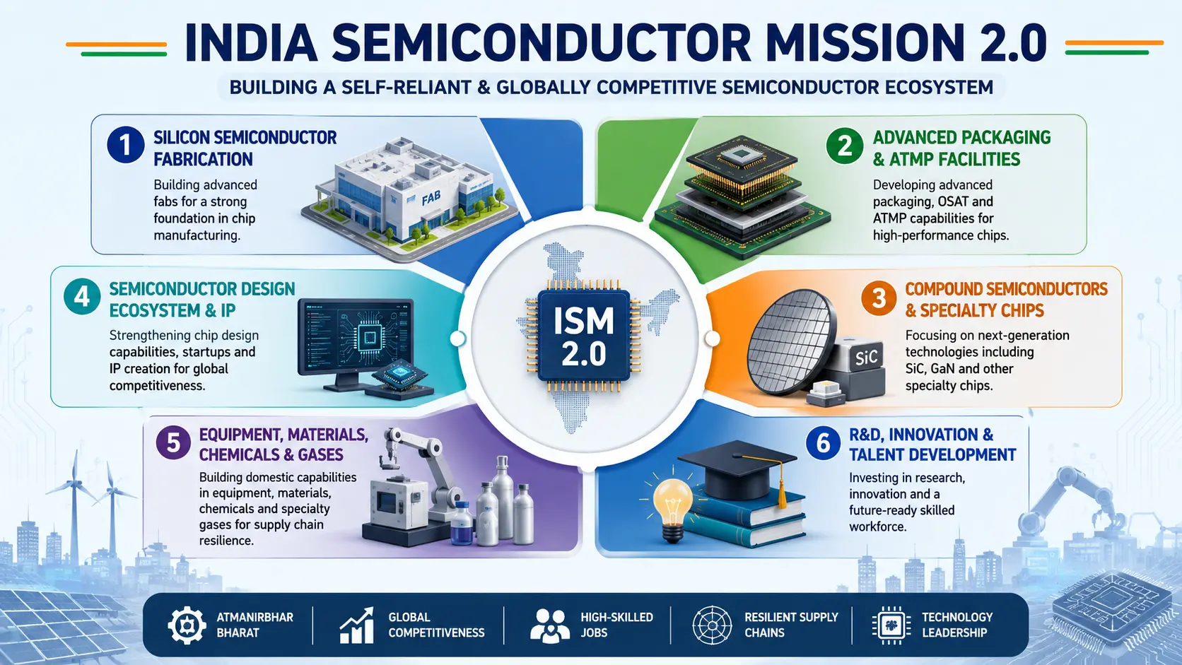 Diagram illustrating India Semiconductor Mission 2.0 pillars including silicon fab, packaging, equipment, and chip design.