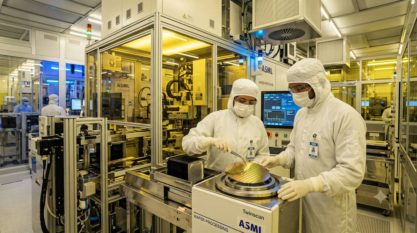 Clean-room engineers wearing protective suits handling a silicon semiconductor wafer inside an advanced manufacturing facility.