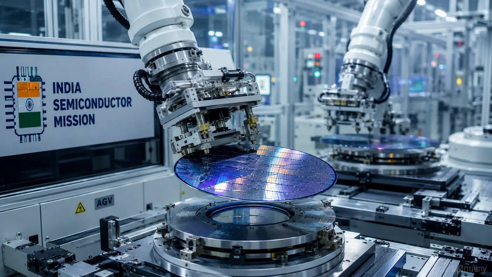 Close-up of an industrial cleanroom showing automated robotic arms handling high-precision silicon wafers inside a modern semiconductor fabrication plant under the India Semiconductor Mission.