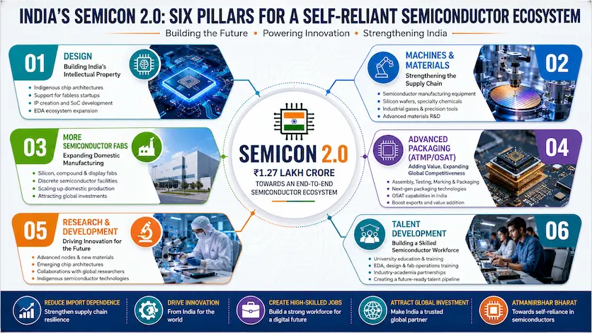 Infographic displaying the six pillars of India's Semicon 2.0 programme: Design, Machines, Fabs, Packaging, R&D, and Talent.