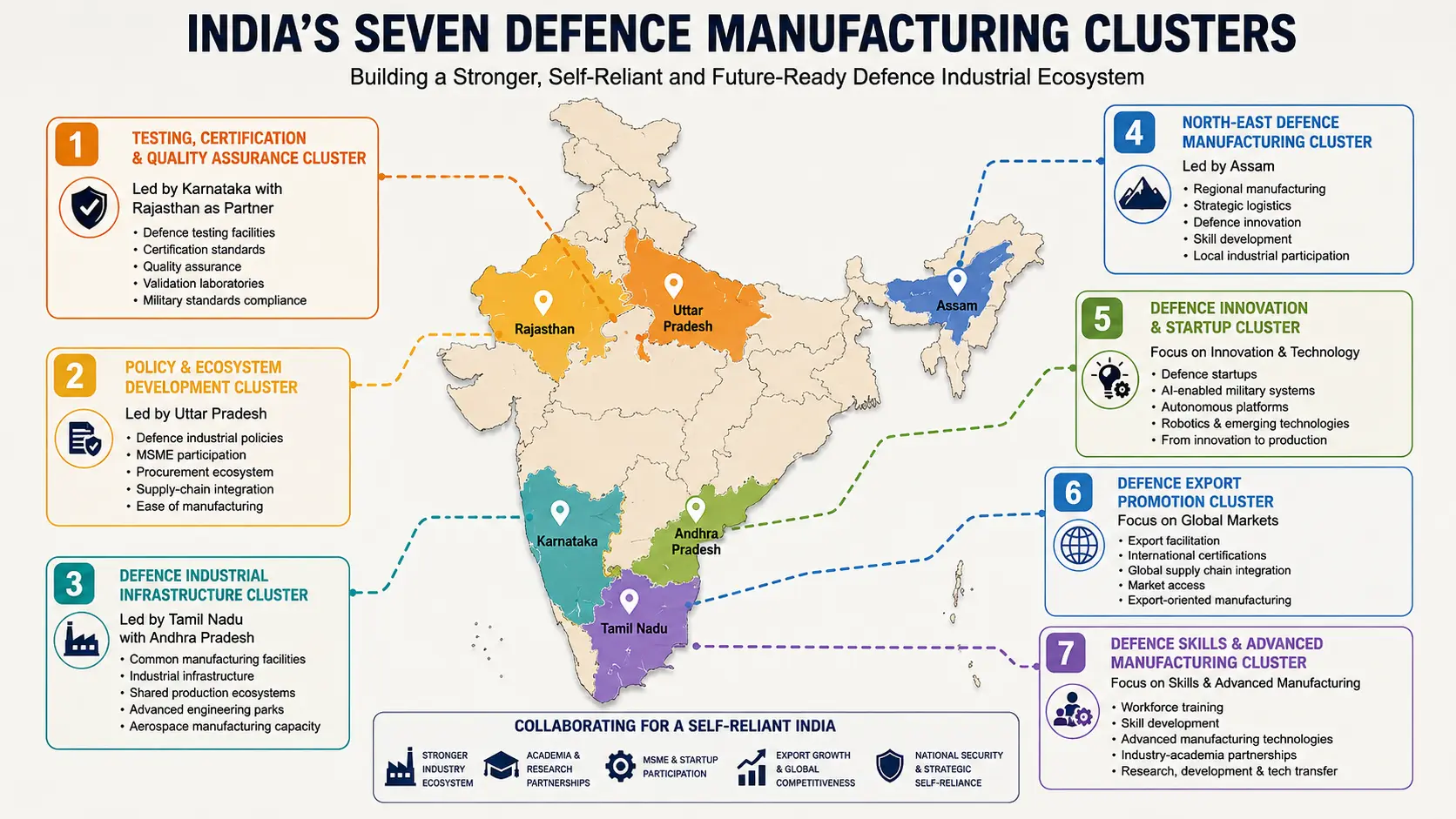 Map showing India's seven proposed specialized defence manufacturing clusters across various states.