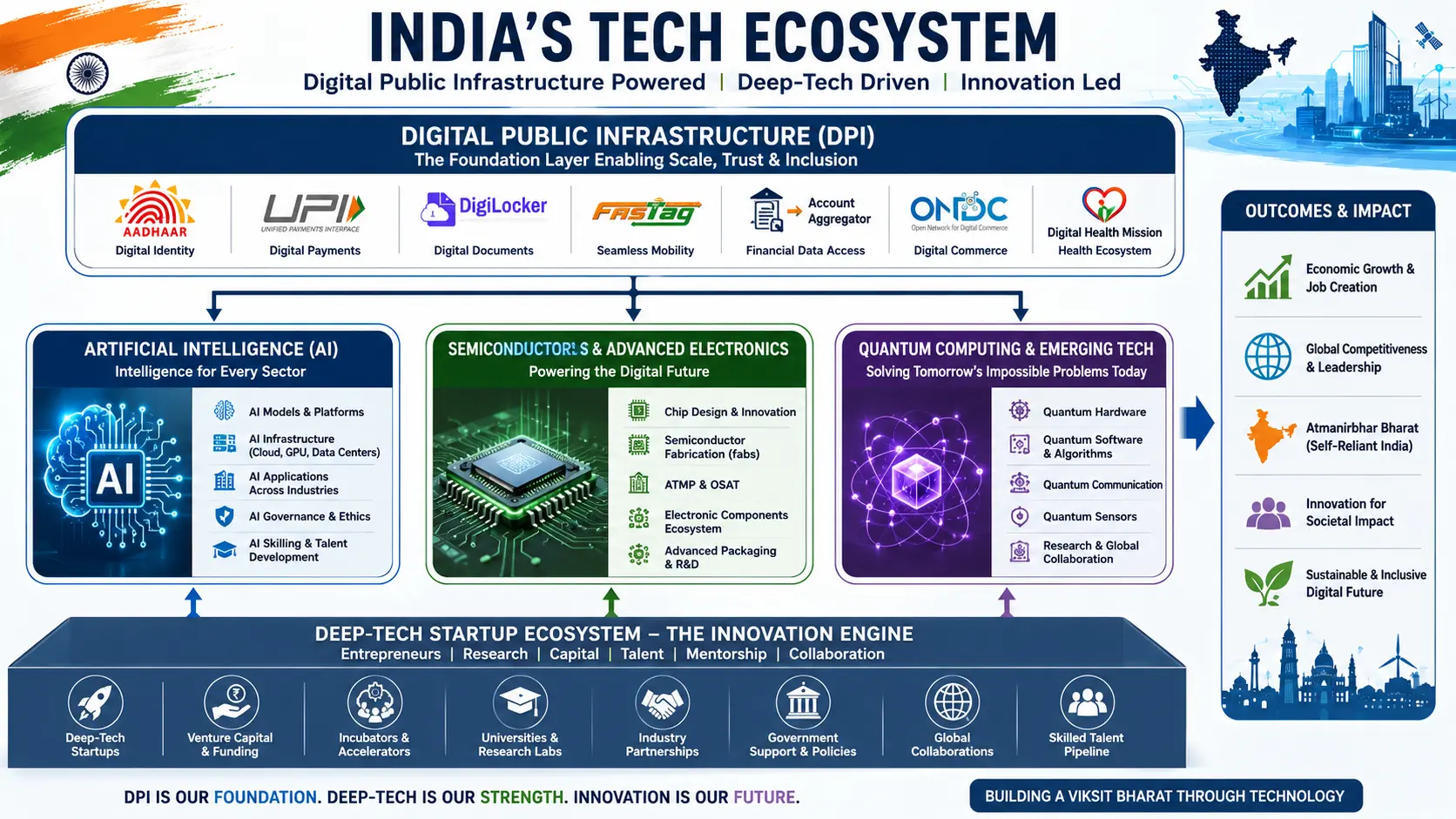 Labeled infographic flow-chart displaying the components of India's tech ecosystem, showing Digital Public Infrastructure at the top, leading into pillars for AI, Semiconductors, and Quantum Computing, resting on a foundation of the deep-tech startup ecosystem.
