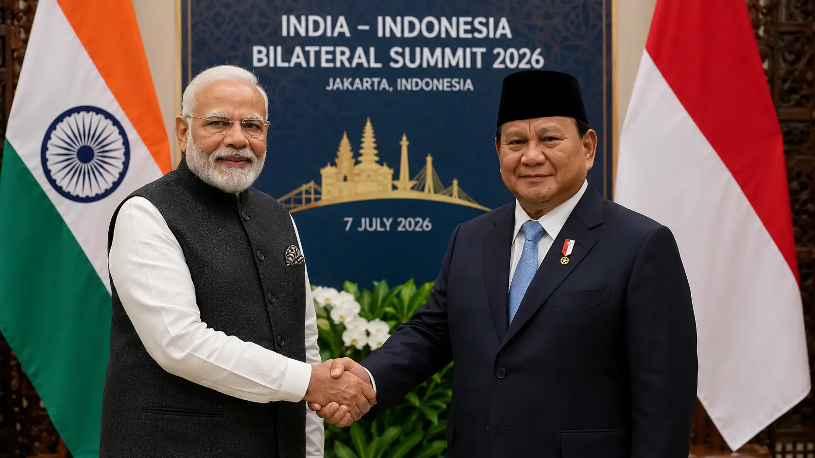 Indian Prime Minister Narendra Modi and Indonesian President Prabowo Subianto shaking hands in front of national flags during the 2026 bilateral summit in Jakarta, signifying an expanded strategic alliance.