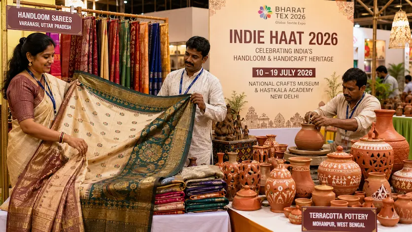 Artisans showcasing traditional Indian handloom sarees and terracotta pottery at the Indie Haat 2026 exhibition at the National Crafts Museum, New Delhi.