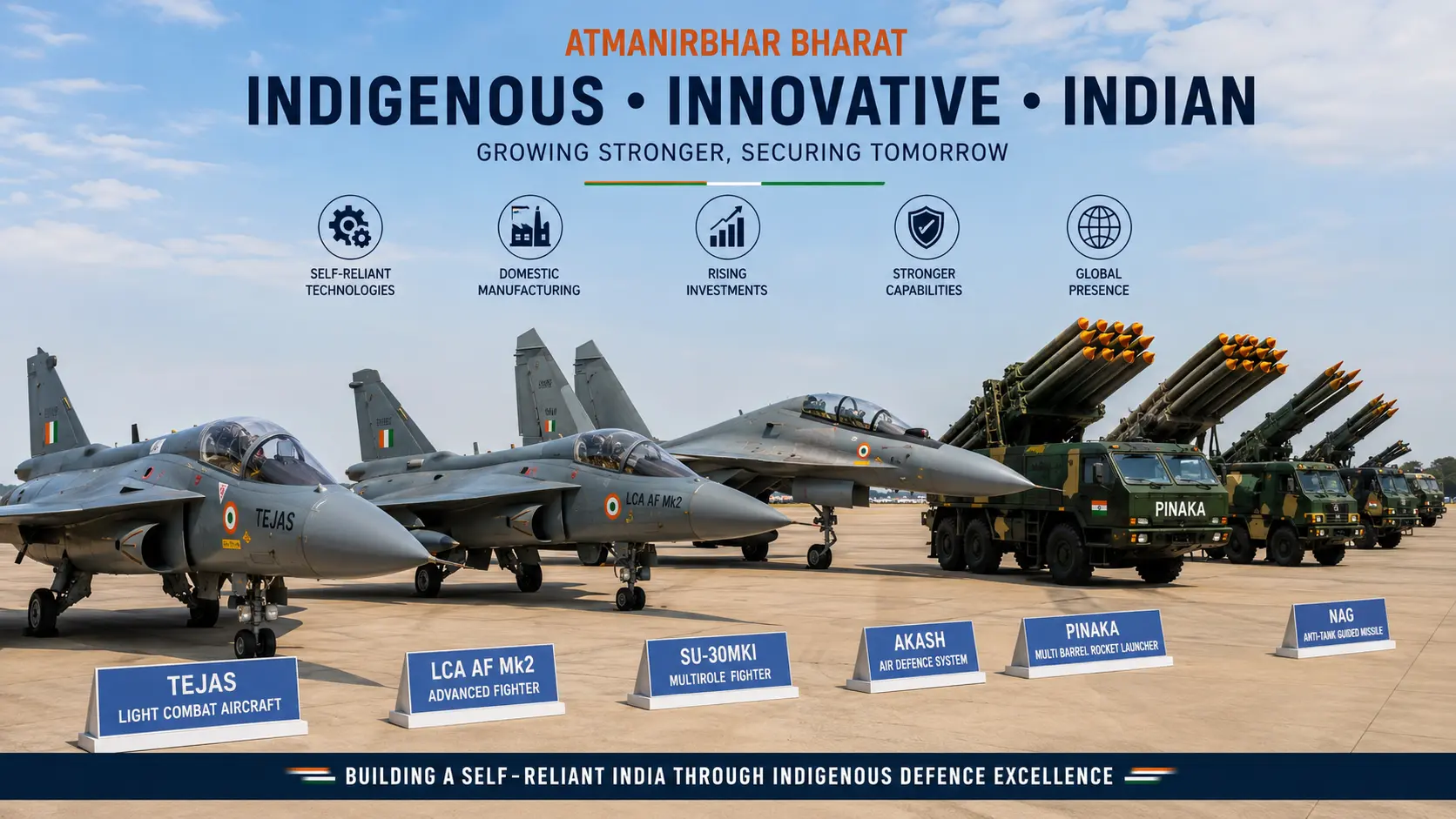 Lined up indigenous Indian military aircraft and multi-barrel rocket launcher systems highlighting the growth of India’s indigenous defence ecosystem.
