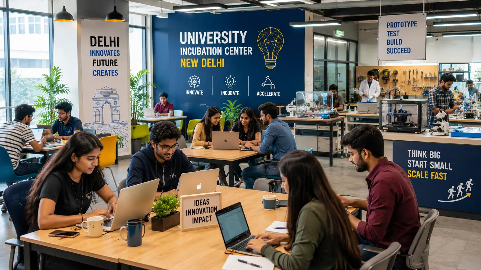 A modern, vibrant university incubation center in New Delhi filled with student entrepreneurs working on laptops, featuring co-working desks and high-tech lab equipment in the background.